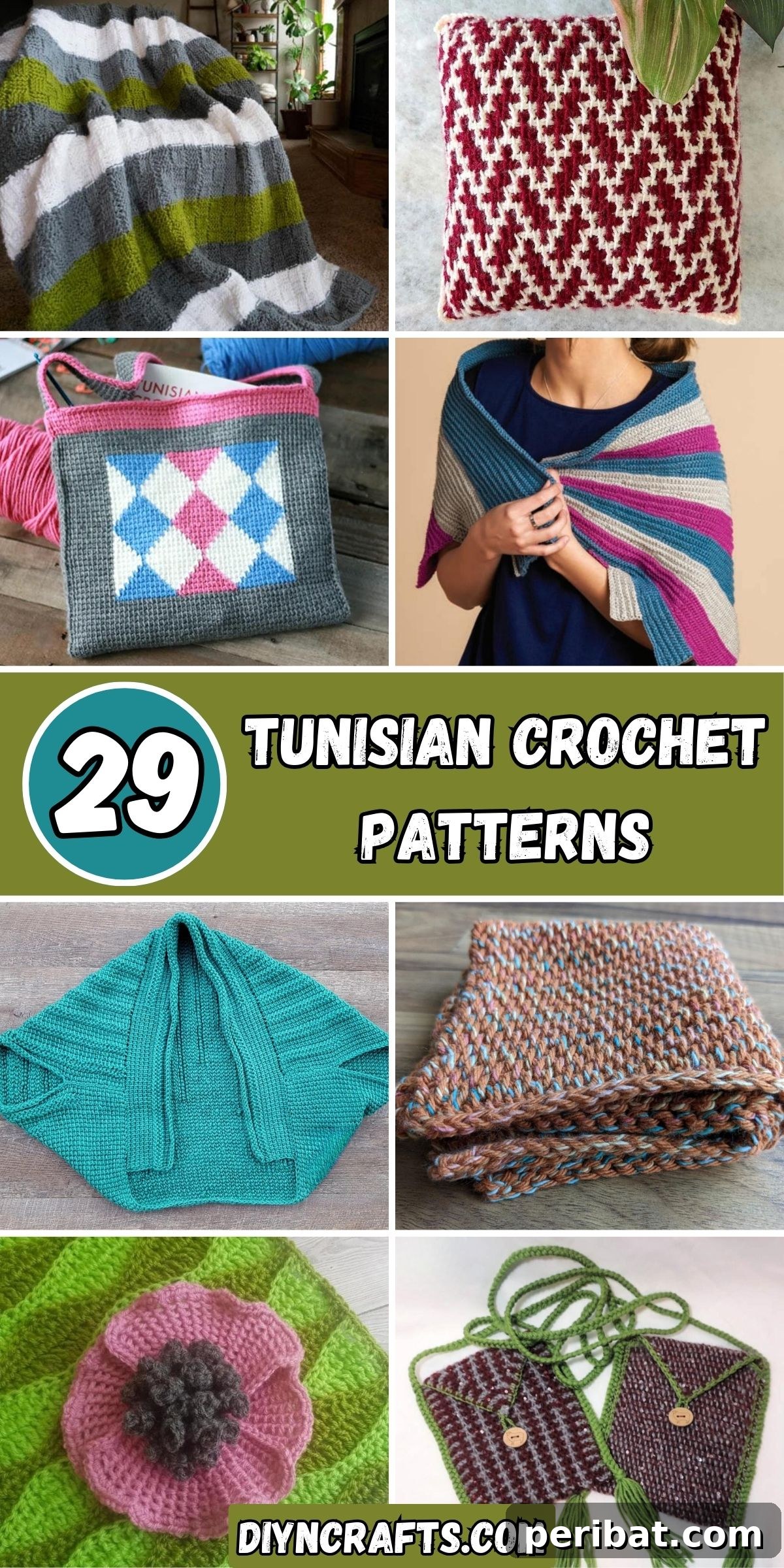 29 Beautiful Tunisian Crochet Projects 2 A vibrant collage showcasing 29 diverse Tunisian Crochet Patterns, including shawls, hats, blankets, bags, and home accessories, inspiring crafters of all skill levels.