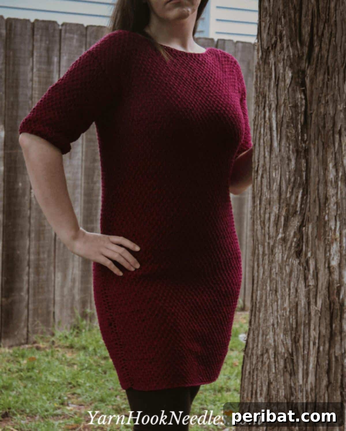 29 Beautiful Tunisian Crochet Projects 15 Tunisian Crochet Dress, showcasing a dense, knit-like honeycomb stitch for elegant sleeve coverage.