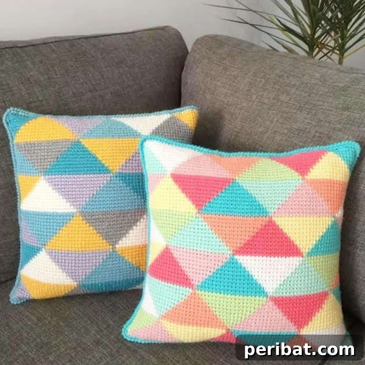 29 Beautiful Tunisian Crochet Projects 27 Tunisian Triangles Crochet Pillows, featuring vibrant geometric designs that add a modern flair.