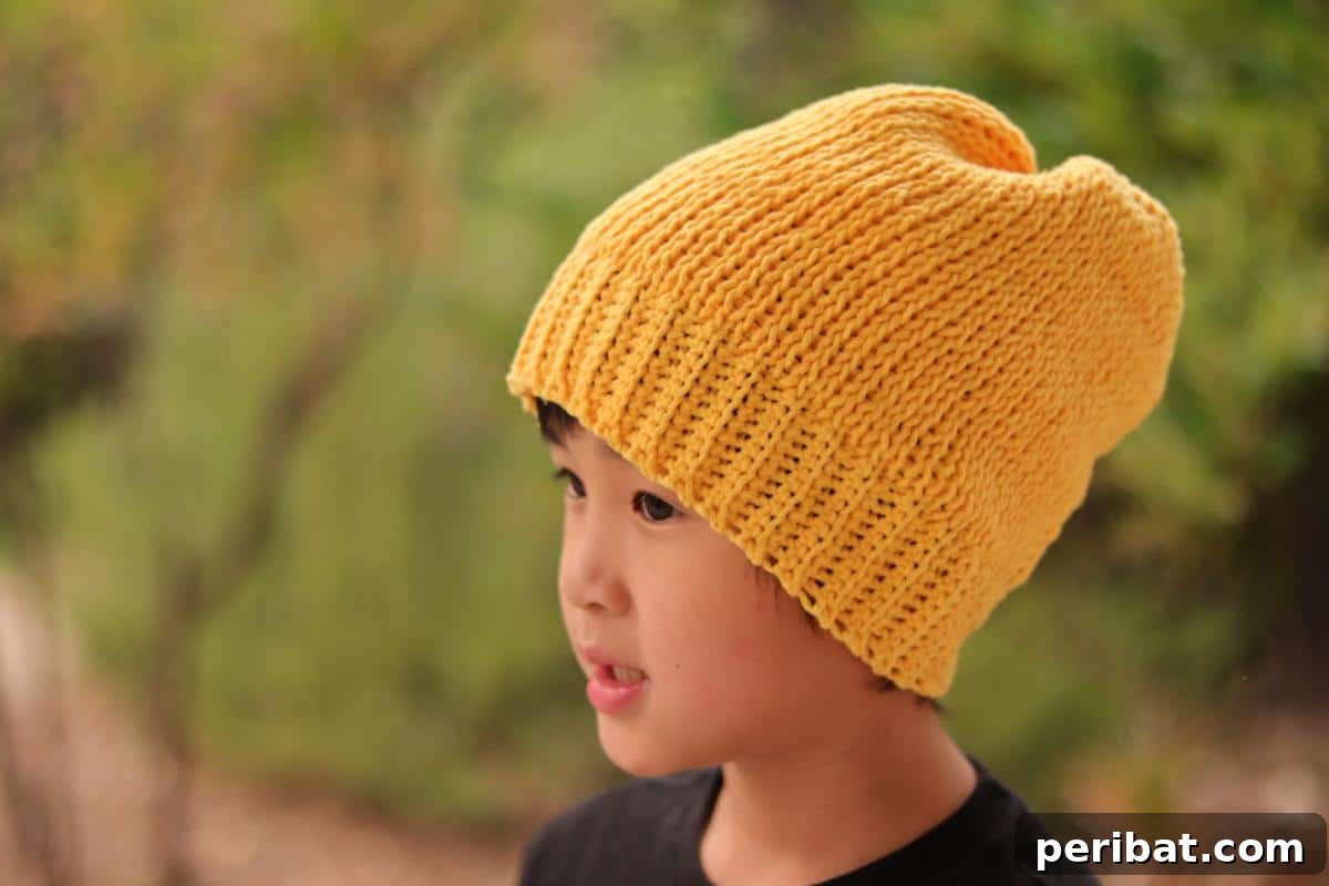 29 Beautiful Tunisian Crochet Projects 6 Simple Tunisian Slouch Beanie, combining traditional crochet and Tunisian knit stitch for a knitted appearance.