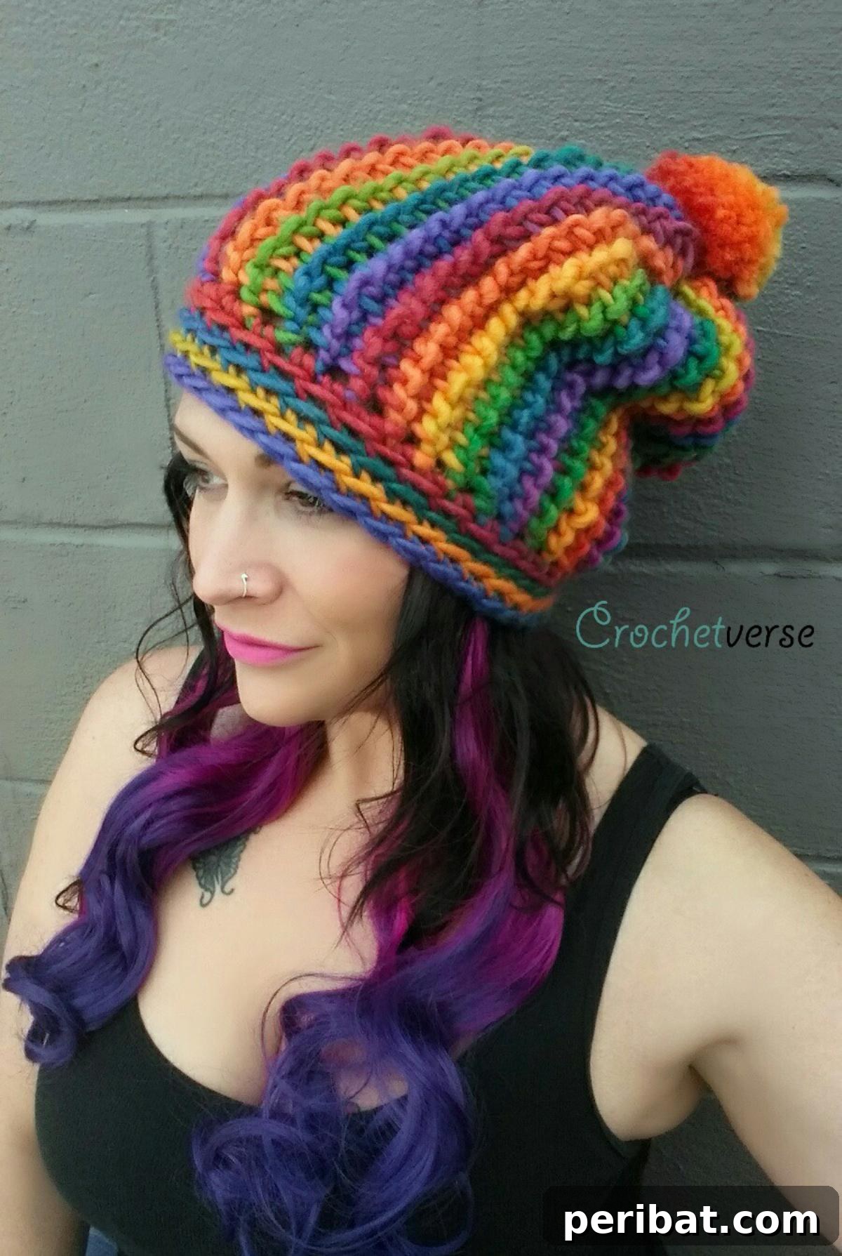 29 Beautiful Tunisian Crochet Projects 7 Tunisian Crochet Hat on Regular Hook, featuring vibrant colors and a comfortable slouchy design.