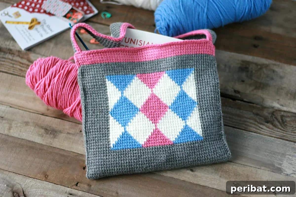 29 Beautiful Tunisian Crochet Projects 10 Diamonds in Tunisian Crochet Bag, featuring a subtle yet interesting diamond pattern achieved with simple stitches.
