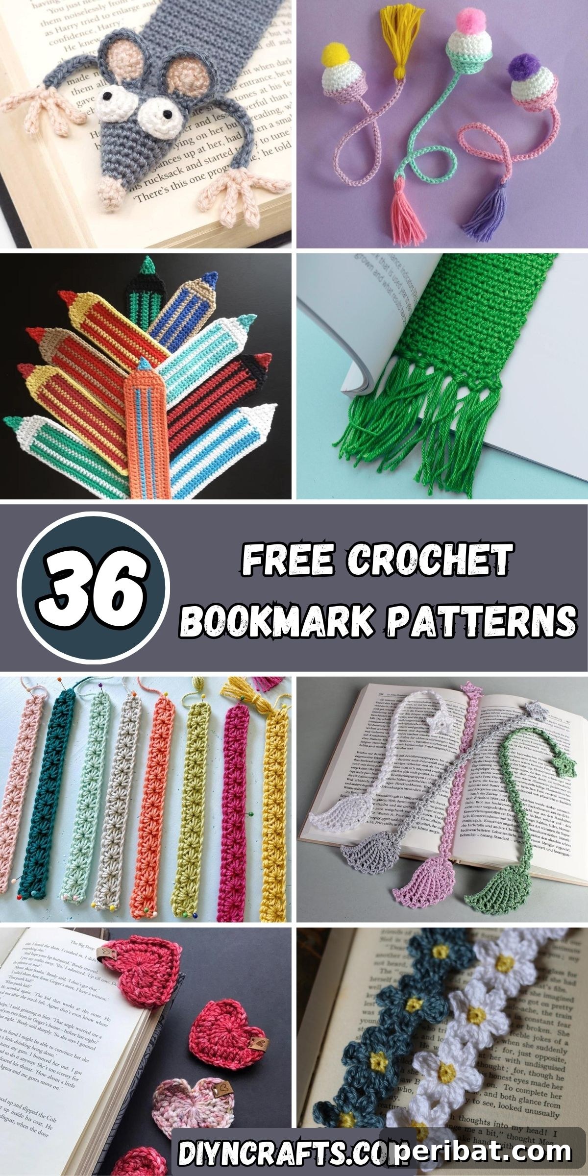36 Free Crochet Bookmark Designs 2 36 Free Crochet Bookmark Patterns collage featuring various designs like daisies, animals, lace, and minimalist styles.