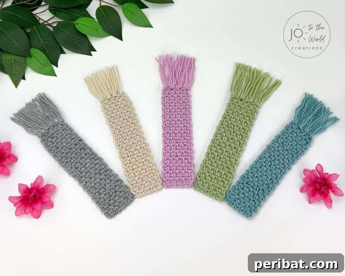 36 Free Crochet Bookmark Designs 20 A collection of Easy Crochet Bookmarks in various solid colors, showcasing simple yet elegant designs.