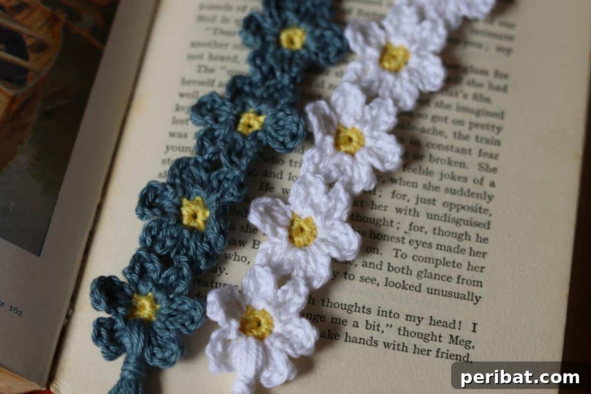 36 Free Crochet Bookmark Designs 4 Several Dainty Daisy Crochet Bookmarks in pastel colors resting on open books.