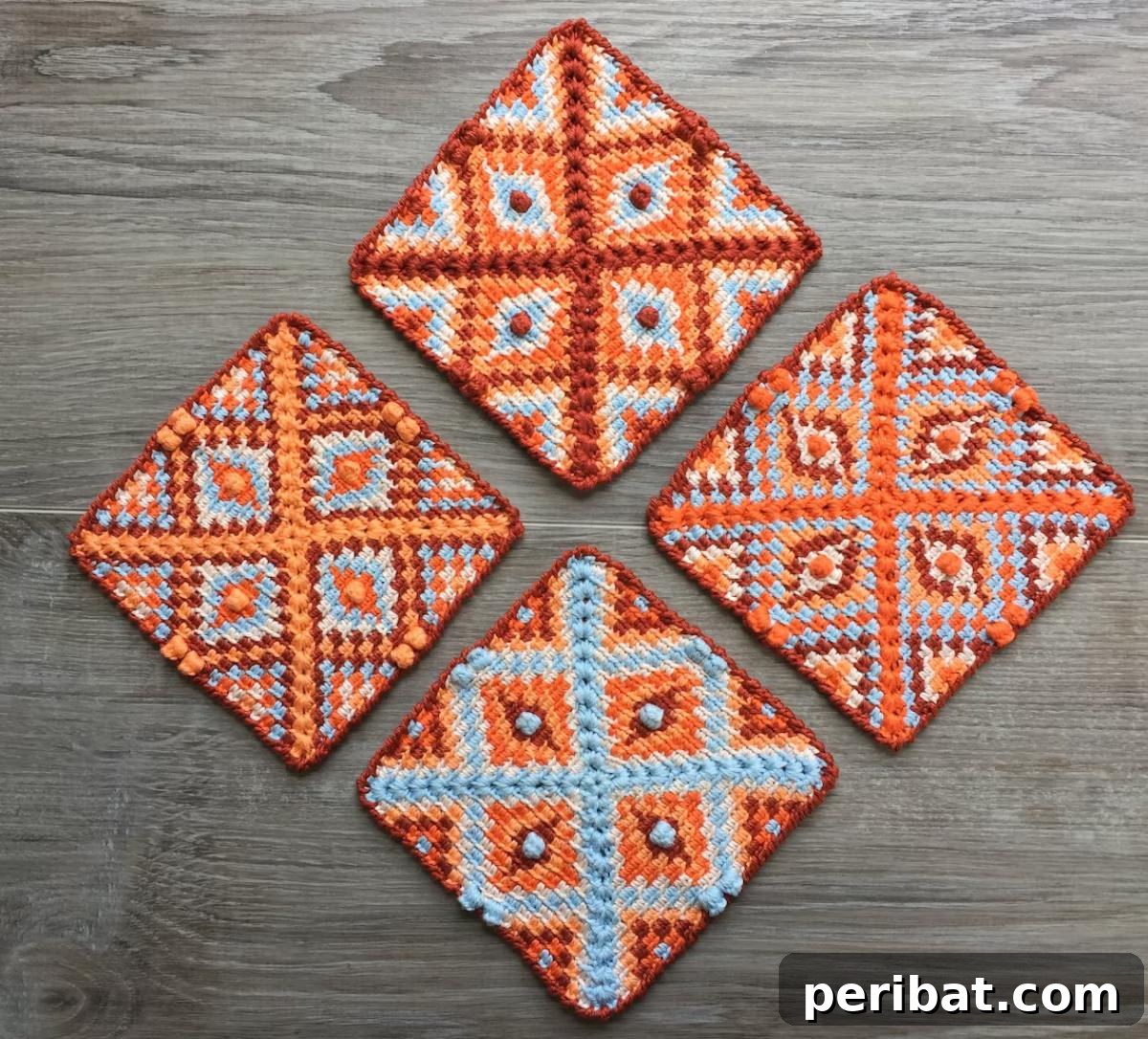 27 Unique Tapestry Crochet Patterns 26 Vibrant Sunburst Tapestry Crochet Coasters