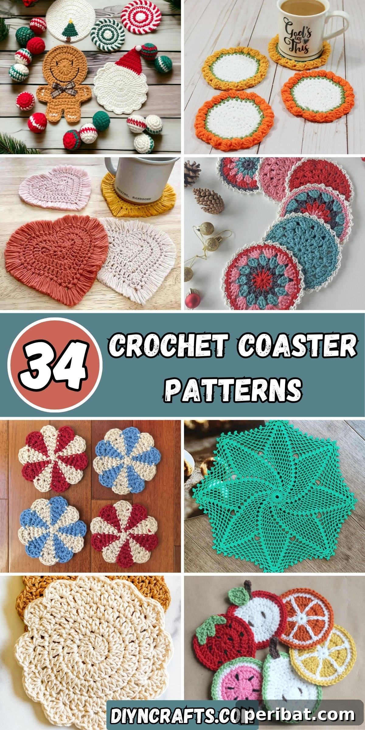 34 Inspiring Crochet Coaster Patterns 2 A vibrant collage showcasing 34 diverse crochet coaster patterns, featuring various shapes, colors, and designs, from flowers and fruits to geometric and holiday themes.