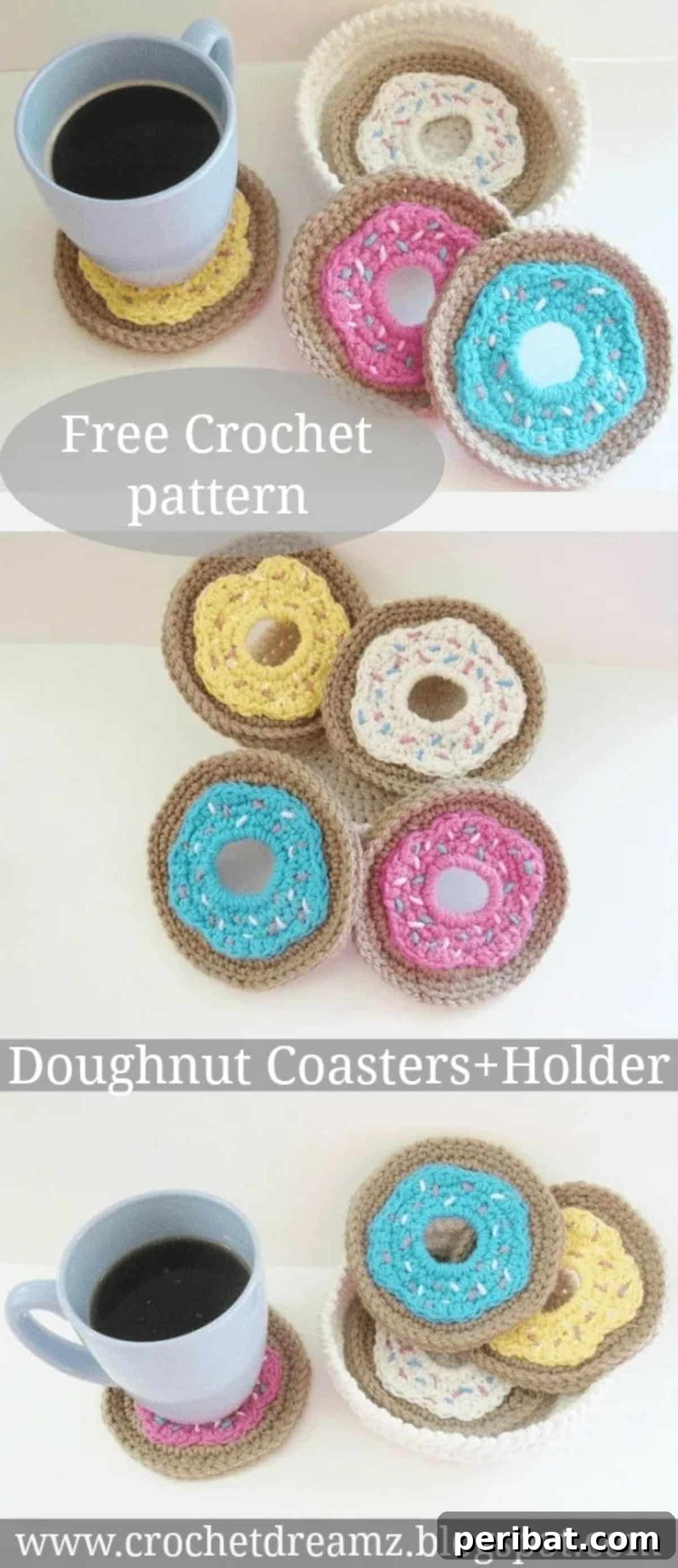 34 Inspiring Crochet Coaster Patterns 11 A set of whimsical crochet doughnut coasters with colorful frosting and sprinkles, accompanied by a matching holder.