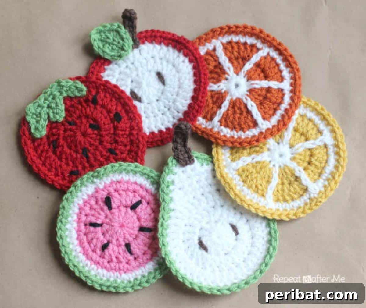 34 Inspiring Crochet Coaster Patterns 13 A colorful assortment of crochet fruit coasters, including orange slices, kiwi, and lime, perfect for a zesty table setting.