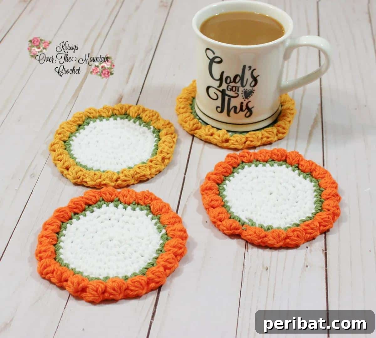 34 Inspiring Crochet Coaster Patterns 18 A festive pumpkin cluster crochet coaster in warm orange, perfect for fall and Thanksgiving decor.