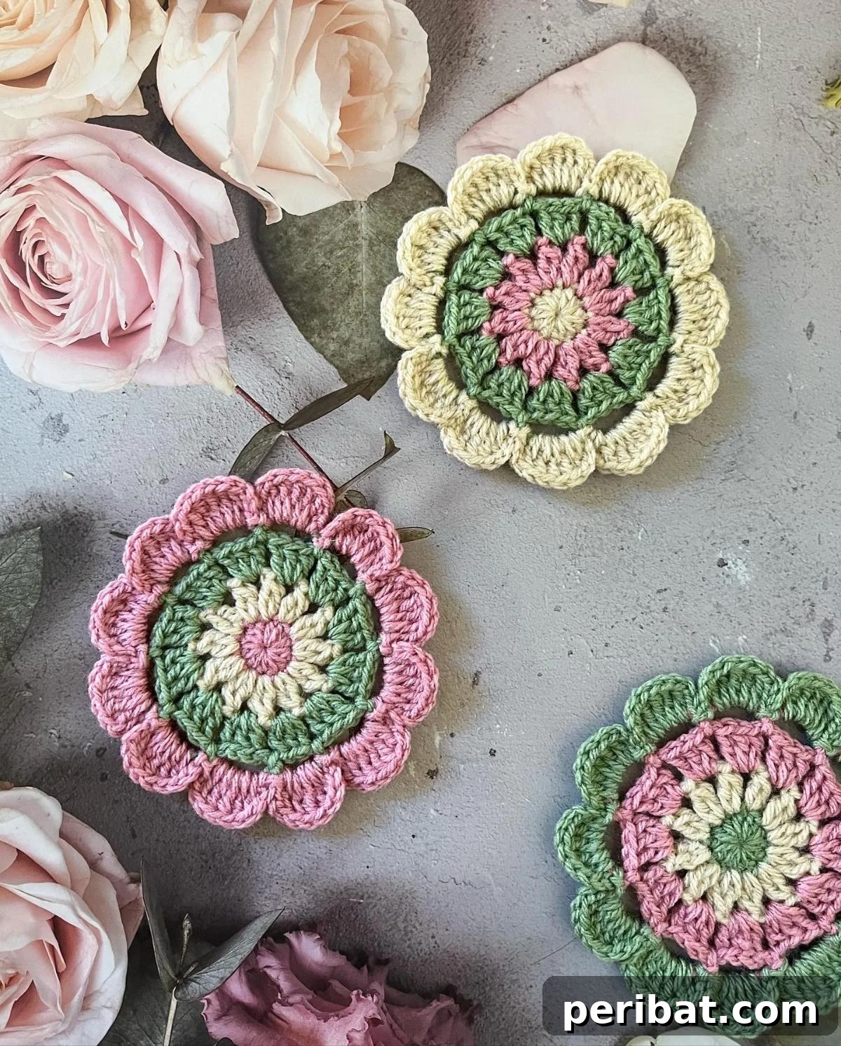 34 Inspiring Crochet Coaster Patterns 19 Delicate floral elegance crochet coasters in a soft, elegant color, adding a sophisticated touch to any surface.