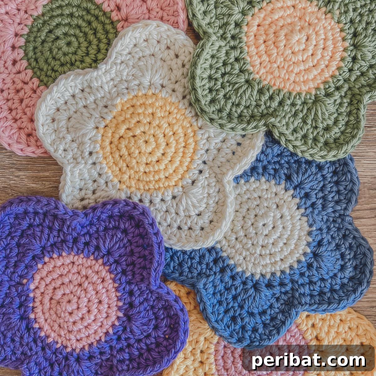 34 Inspiring Crochet Coaster Patterns 3 A charming daisy flower crochet coaster with a bright yellow center and white petals, perfect for beginners.