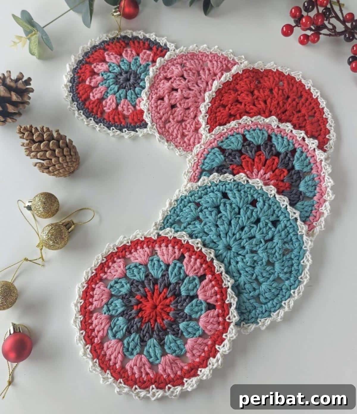 34 Inspiring Crochet Coaster Patterns 23 Festive Christmas crochet coasters with a vintage lace edge, adding elegance and holiday cheer.