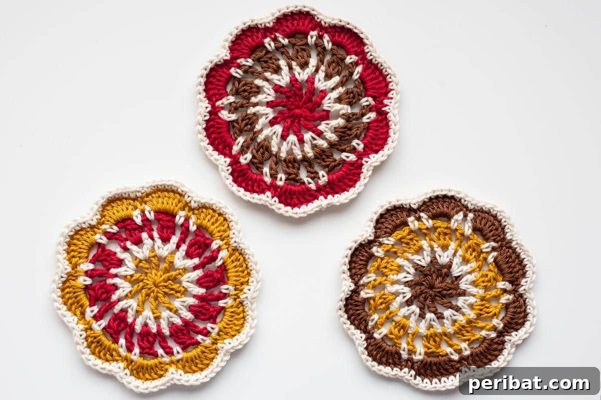 34 Inspiring Crochet Coaster Patterns 28 Soft and textured cosy crochet coasters in comforting, earthy tones, perfect for a hygge aesthetic.