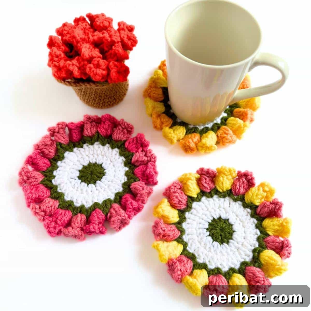 34 Inspiring Crochet Coaster Patterns 33 A whimsical flower pot crochet coaster set, featuring colorful flower coasters neatly stored in a matching pot holder.