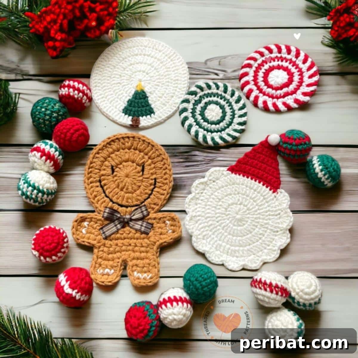 34 Inspiring Crochet Coaster Patterns 35 A festive Christmas coaster crochet pattern bundle featuring various holiday designs like Santa, gingerbread, and Christmas trees.