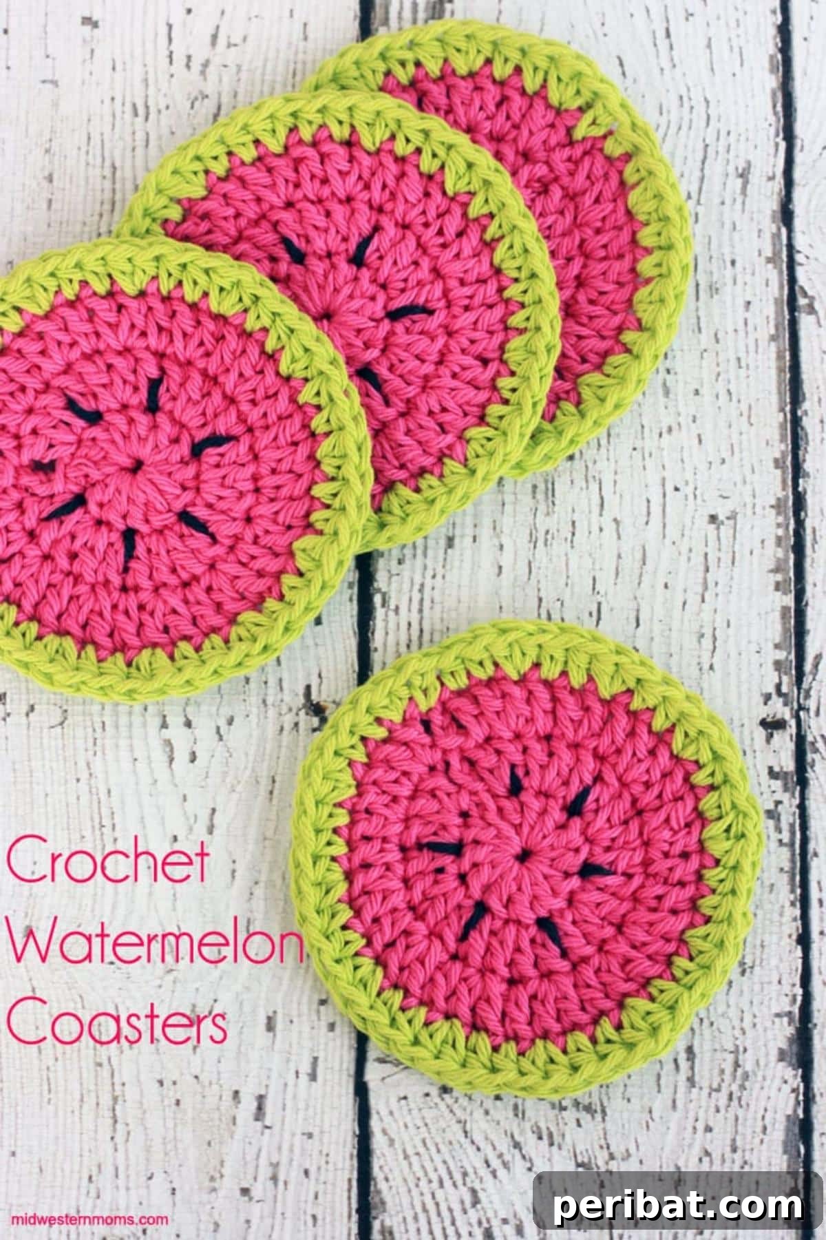 34 Inspiring Crochet Coaster Patterns 10 A stack of refreshing crochet watermelon coasters with green rinds, red flesh, and black seeds, perfect for summer.