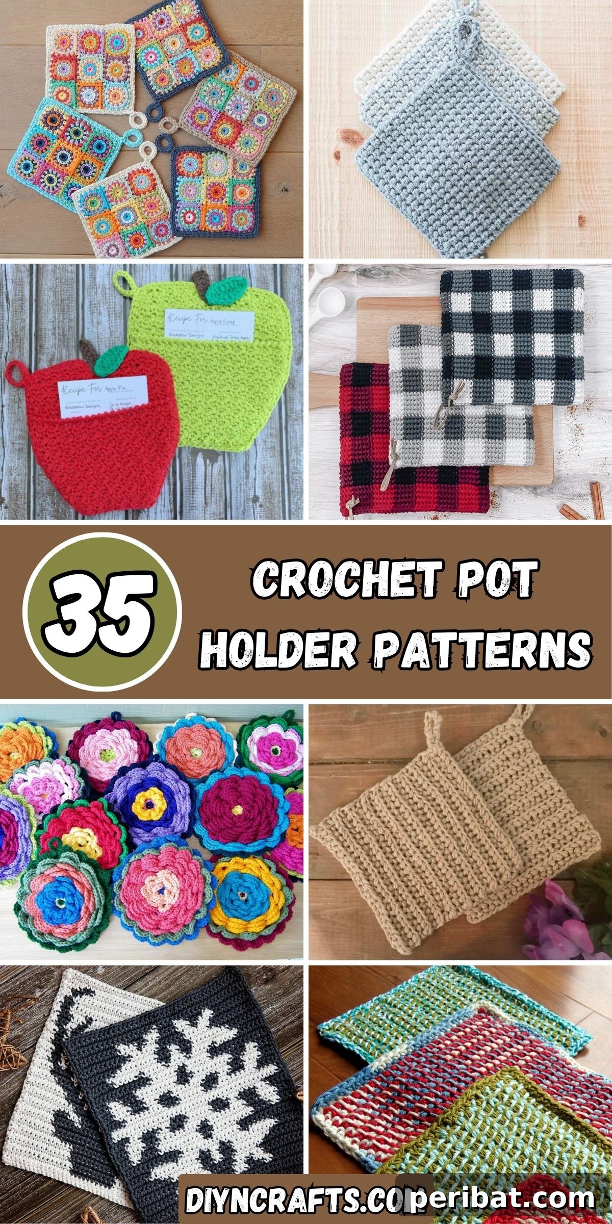 A vibrant collage showcasing 35 diverse crochet pot holder patterns, featuring various shapes, colors, and stitch textures, ready to inspire crafters.