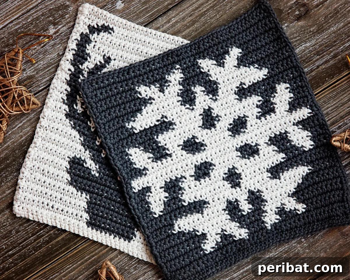 A delightful stack of holiday-themed crochet potholders, showcasing various festive colors and designs, perfect for seasonal kitchen decor.