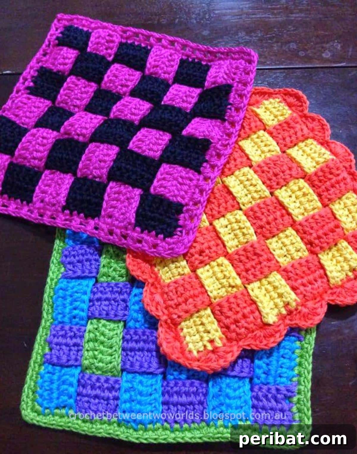 An intricately woven crochet hot pad or trivet, showcasing a sophisticated basket-weave texture in a rich, solid color.