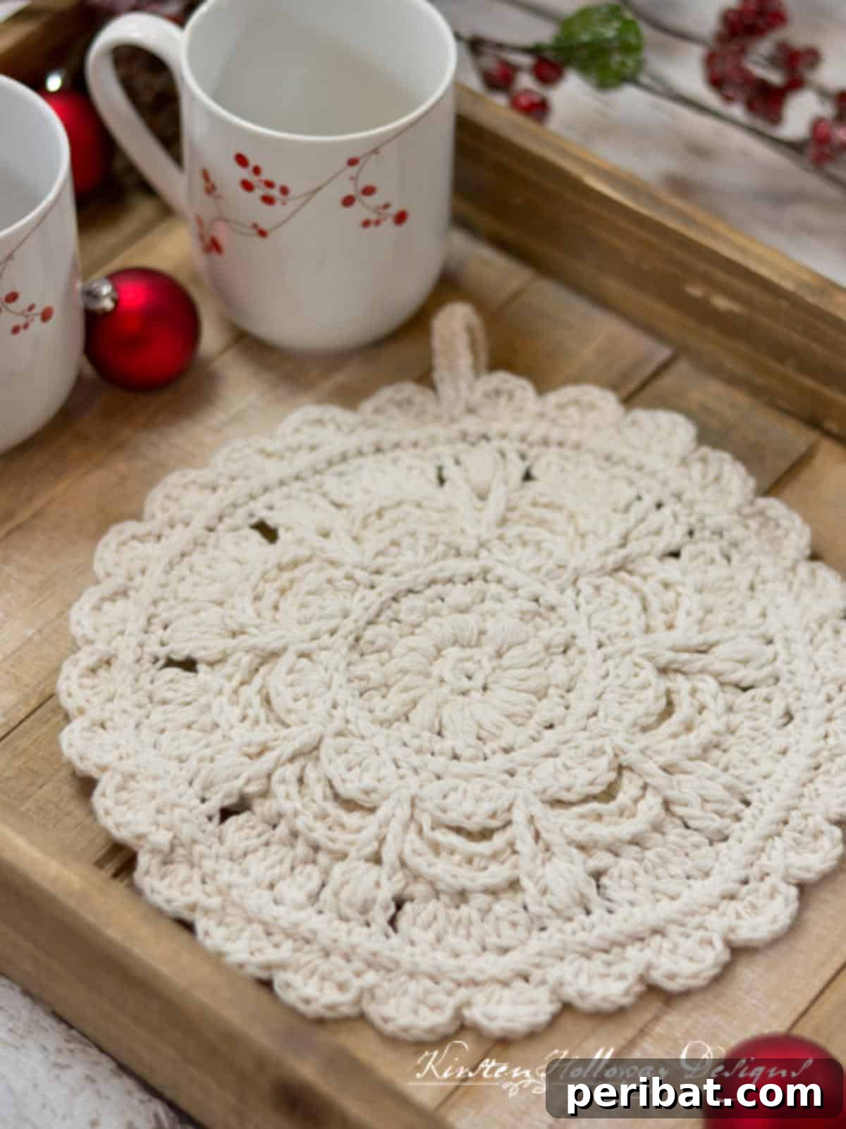A delicately designed Winter Opulence round crochet hotpad or trivet with intricate lacy details, exuding sophistication for elegant dining.