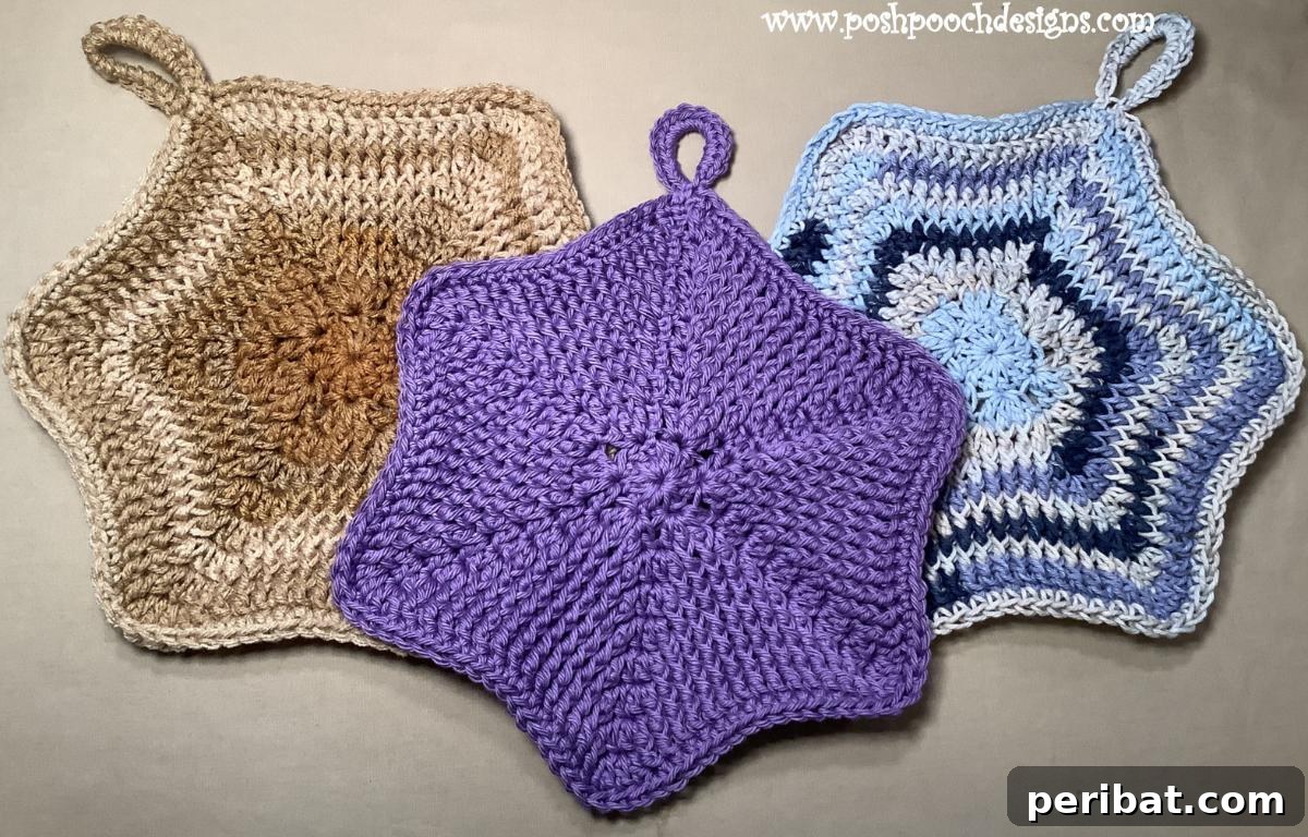 A practical Hexie pot holder and washcloth crochet pattern, showcasing its modern design and dual functionality in a kitchen setting.
