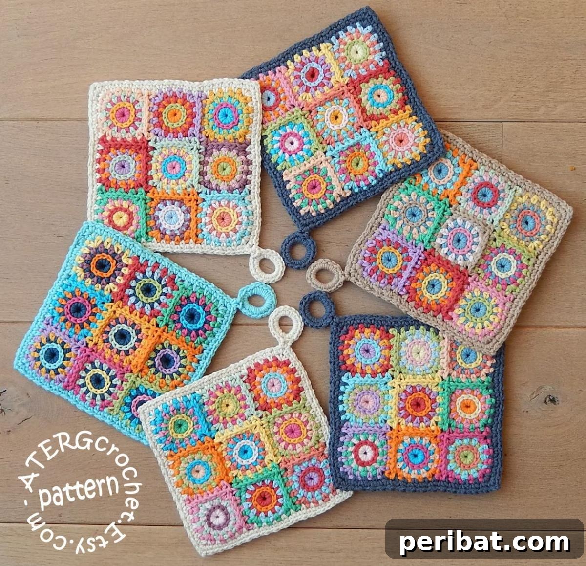 A collection of colorful crochet potholder squares, demonstrating diverse stitch patterns and vibrant color combinations for unique kitchen accents.