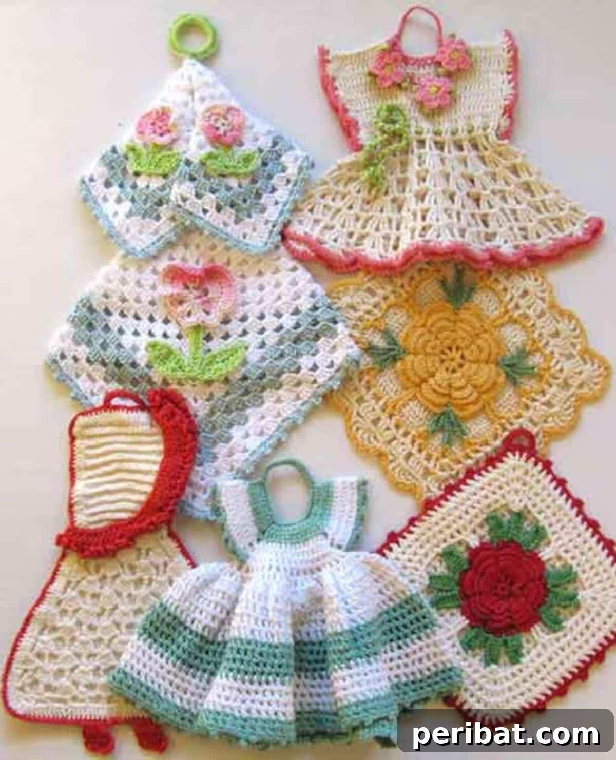 A beautiful set of crochet vintage floral potholders, featuring intricate flower designs and vibrant colors, perfect for a garden-inspired kitchen.