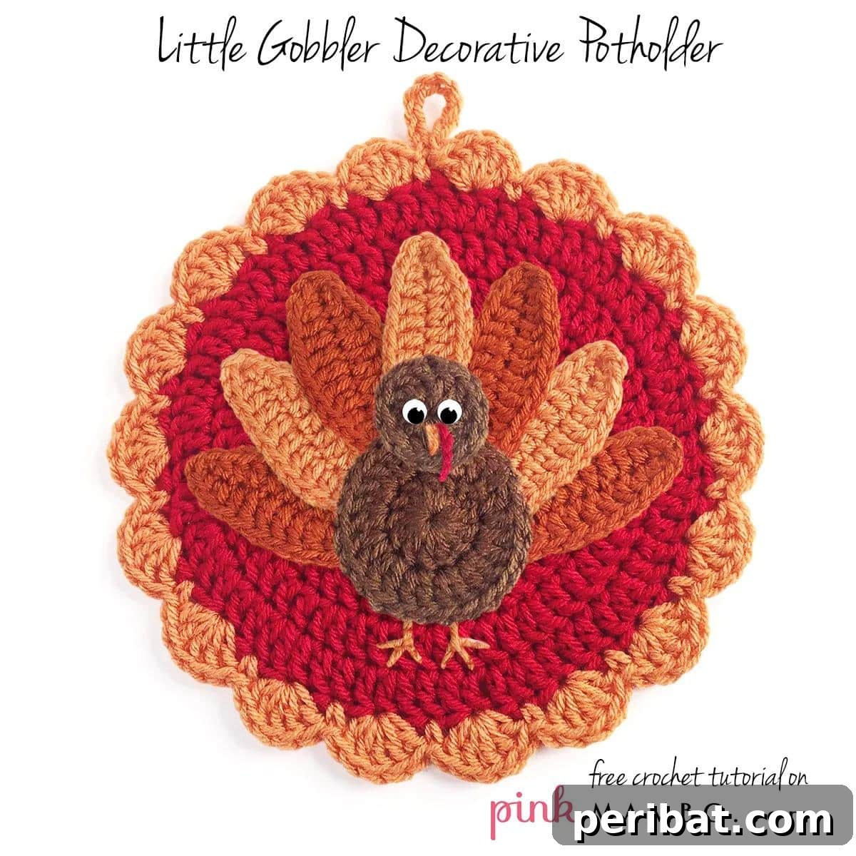 A charming crochet little gobbler decorative pot holder, intricately shaped like a turkey, perfect for festive holiday kitchens.
