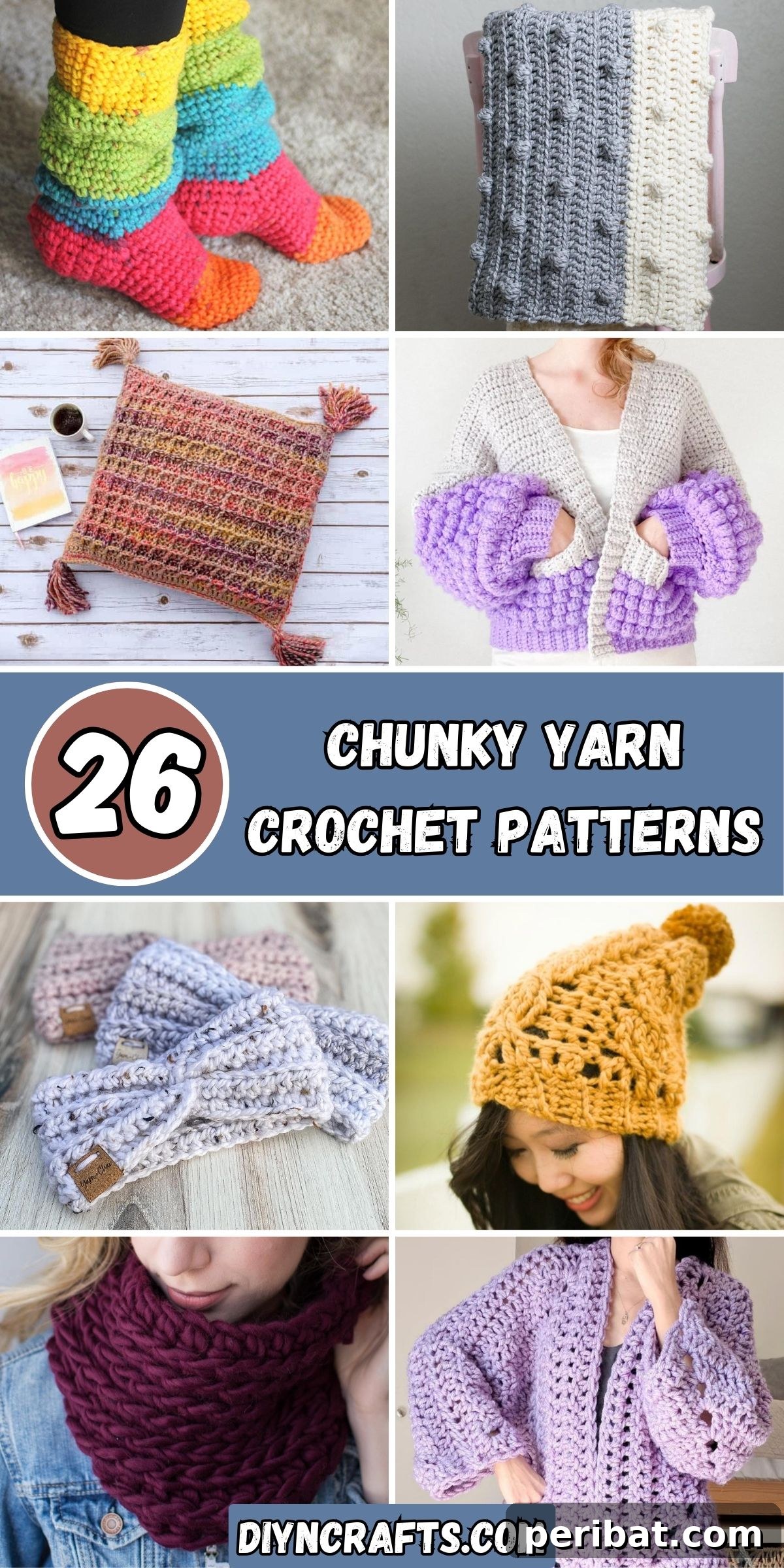 26 Quick & Cozy Chunky Crochet Projects 2 A vibrant collage featuring 26 diverse chunky yarn crochet patterns, showcasing blankets, accessories, and amigurumi.