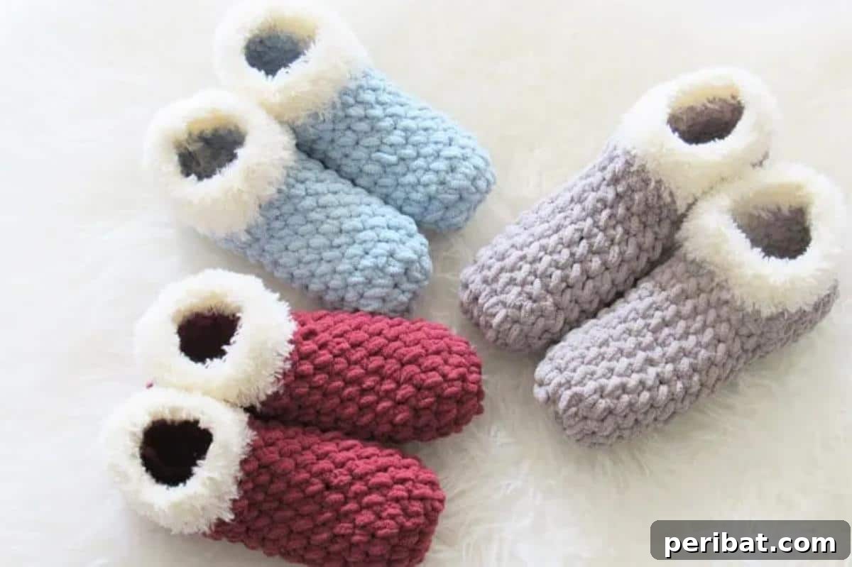 26 Quick & Cozy Chunky Crochet Projects 5 A pair of cozy Chunky Crochet Slippers, showcasing their thick, comforting design for ultimate warmth.