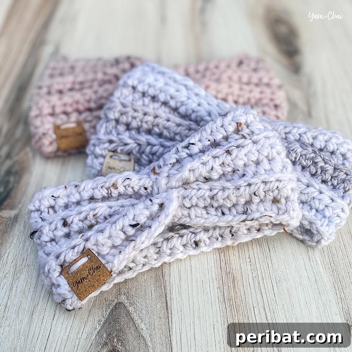 26 Quick & Cozy Chunky Crochet Projects 6 A stylish Chunky Twisted Ear Warmer in a muted tone, showcasing its textured design perfect for cold weather.