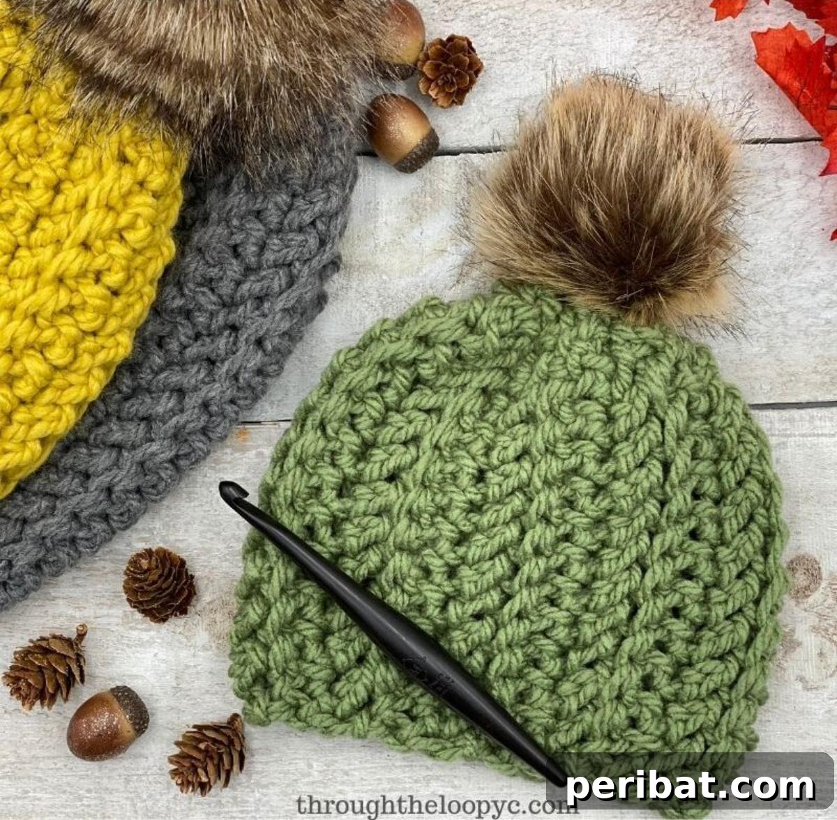 26 Quick & Cozy Chunky Crochet Projects 10 A rugged and warm Back-Country Beanie, perfect for outdoor adventures, shown with a playful pom-pom.