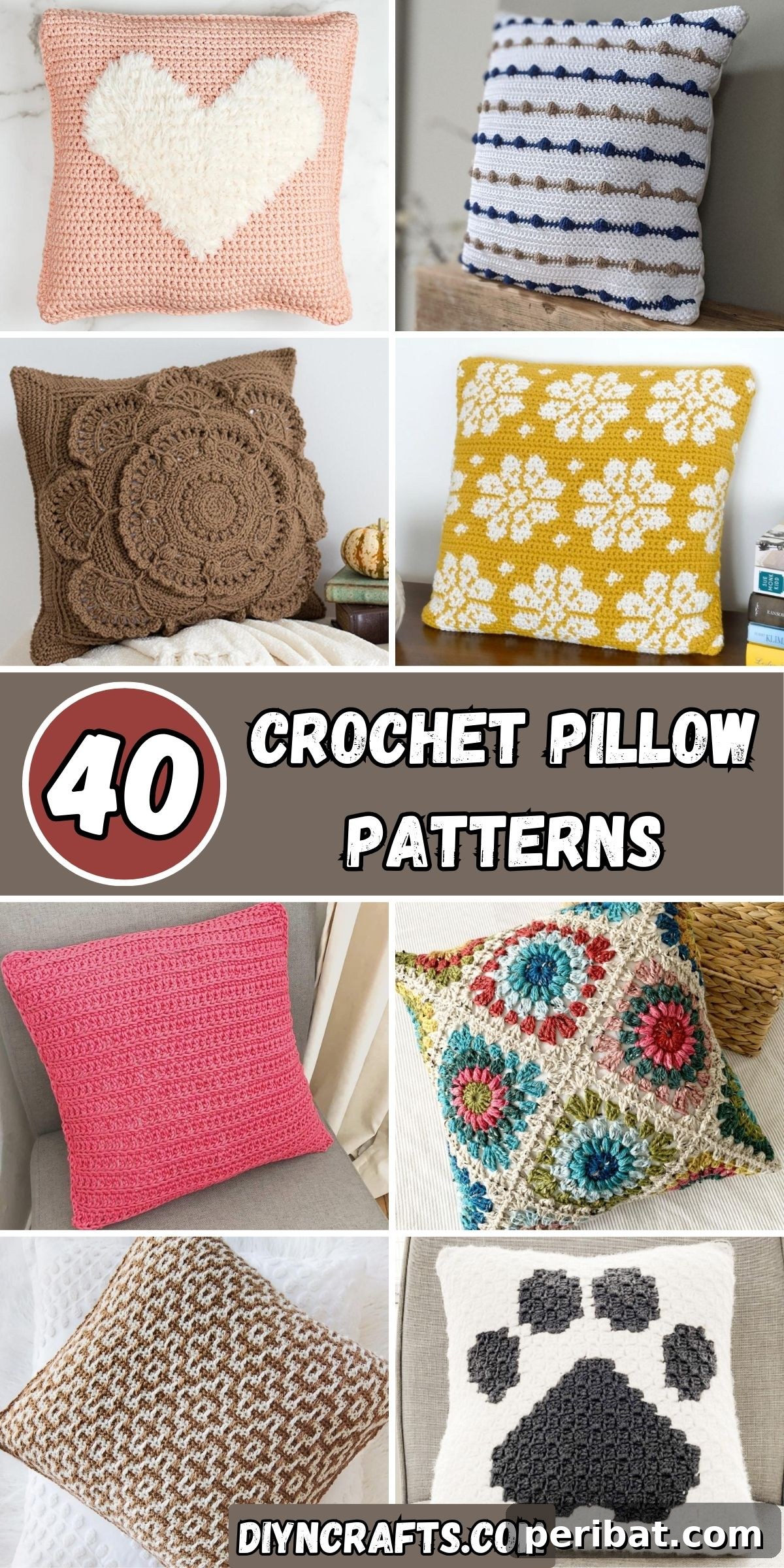 40 Creative Crochet Pillow Projects 2 A vibrant collage showcasing 40 different handmade crochet pillow patterns, featuring various shapes, colors, and textures suitable for diverse home decor styles.