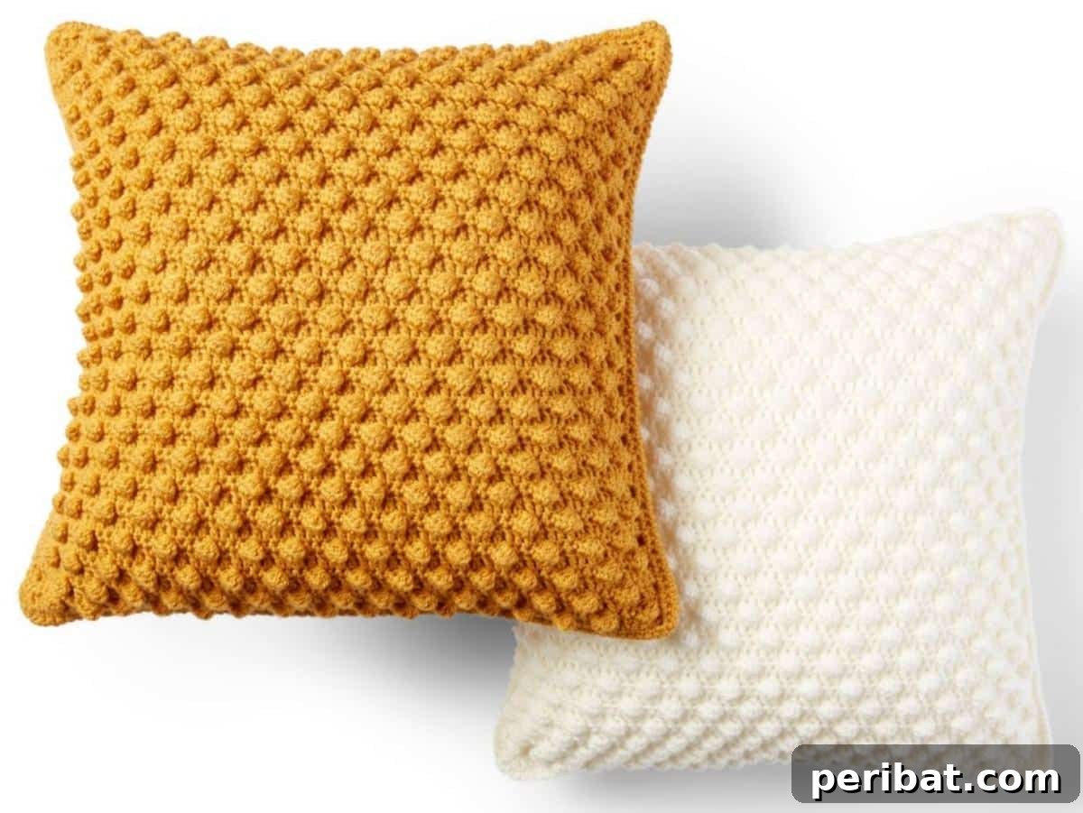 40 Creative Crochet Pillow Projects 15 A collection of Patons Bobble-Licious Pillows, featuring various sizes and colors adorned with playful bobble stitches, showcasing an easy crochet pattern.