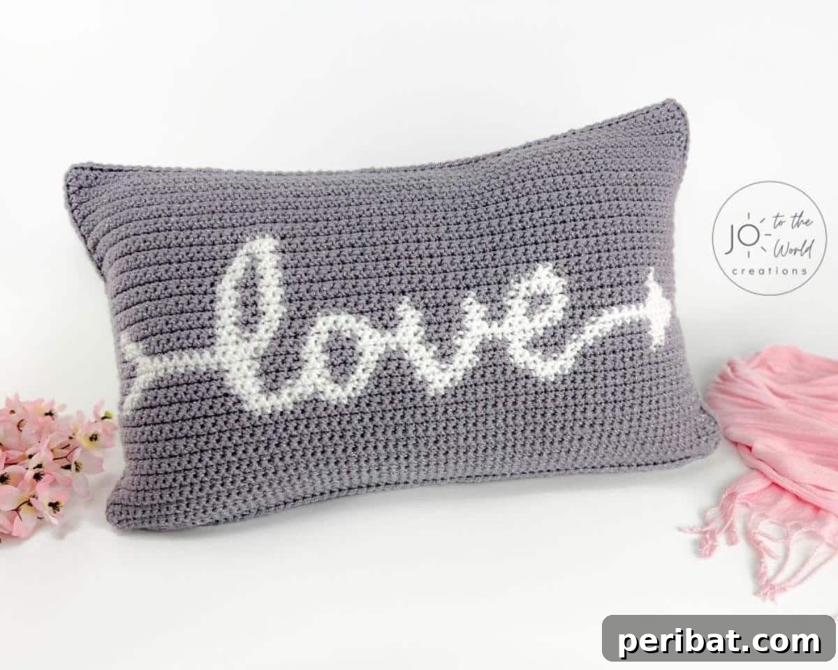 40 Creative Crochet Pillow Projects 23 A heartfelt 'Love' crochet pillow cover, designed with a clean, modern aesthetic and featuring the word 'Love' in bold letters.