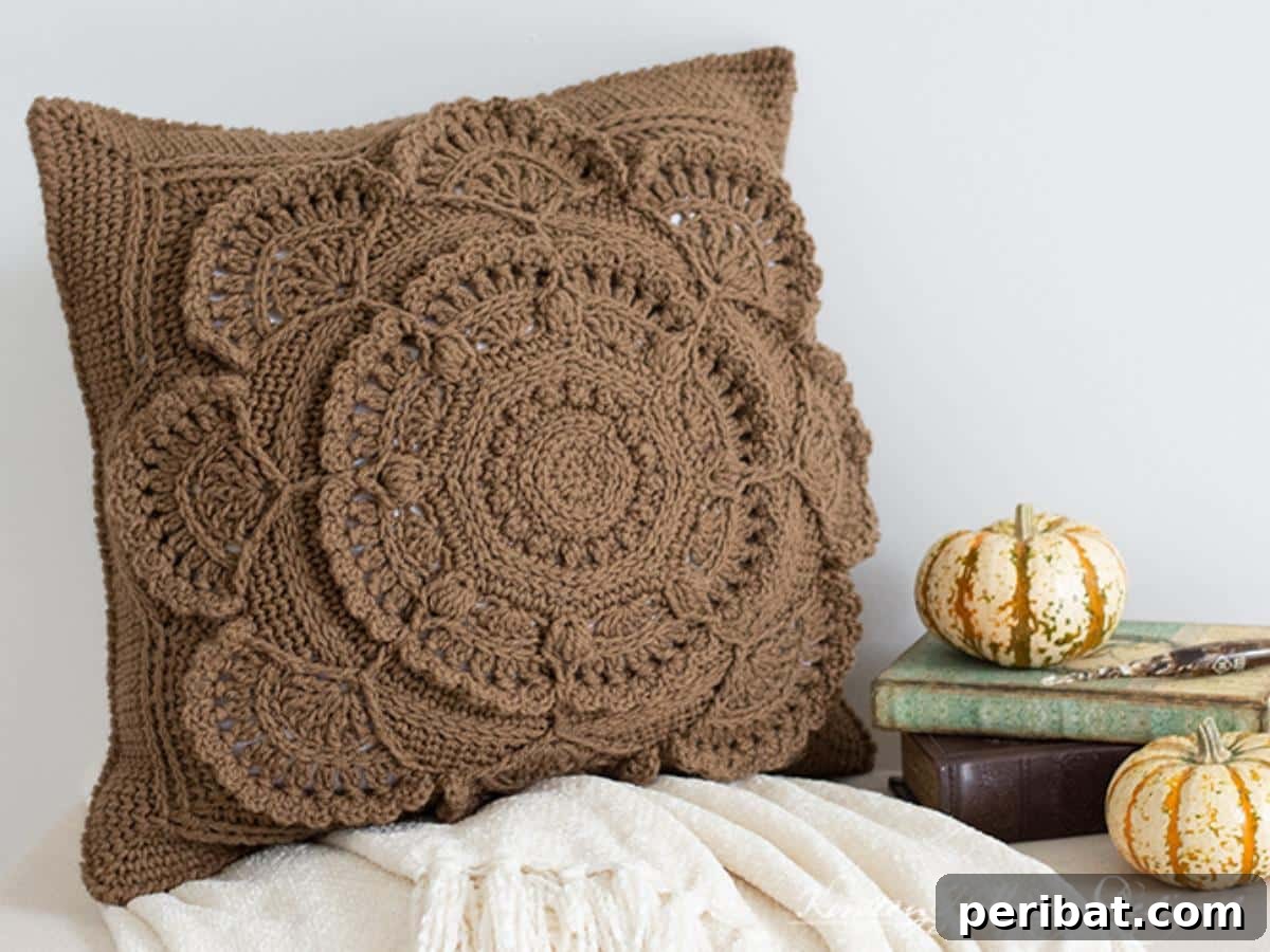 40 Creative Crochet Pillow Projects 29 An ornate Arabesque 18-inch decorative crochet pillow, featuring luxurious swirls and intricate textured stitches, ideal for sophisticated autumn decor.
