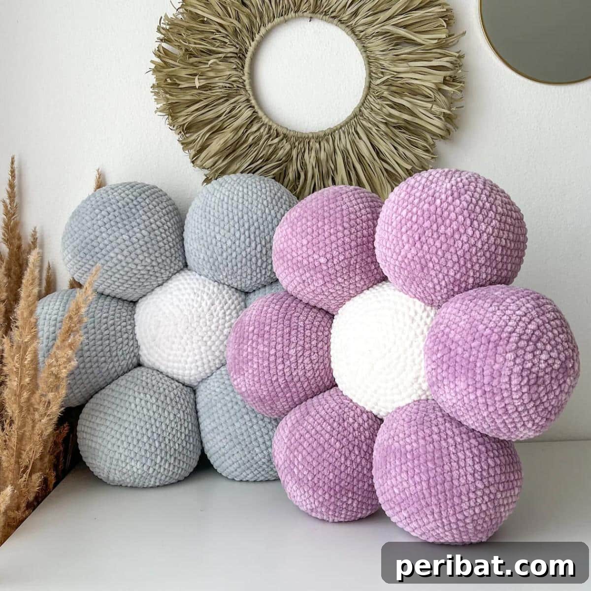 40 Creative Crochet Pillow Projects 40 A charming flower-shaped crochet pillow, designed with soft petals and a natural form, perfect for adding a touch of floral beauty to any room.
