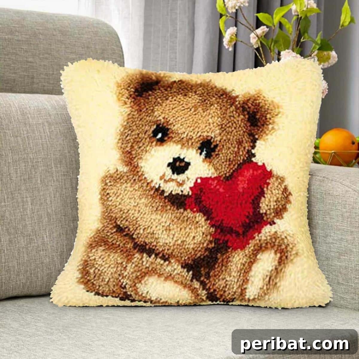 40 Creative Crochet Pillow Projects 41 A Winnie the Pooh themed latch hook pillow, showcasing a cozy, textured design of Winnie's face, ideal for a nostalgic and handmade touch.