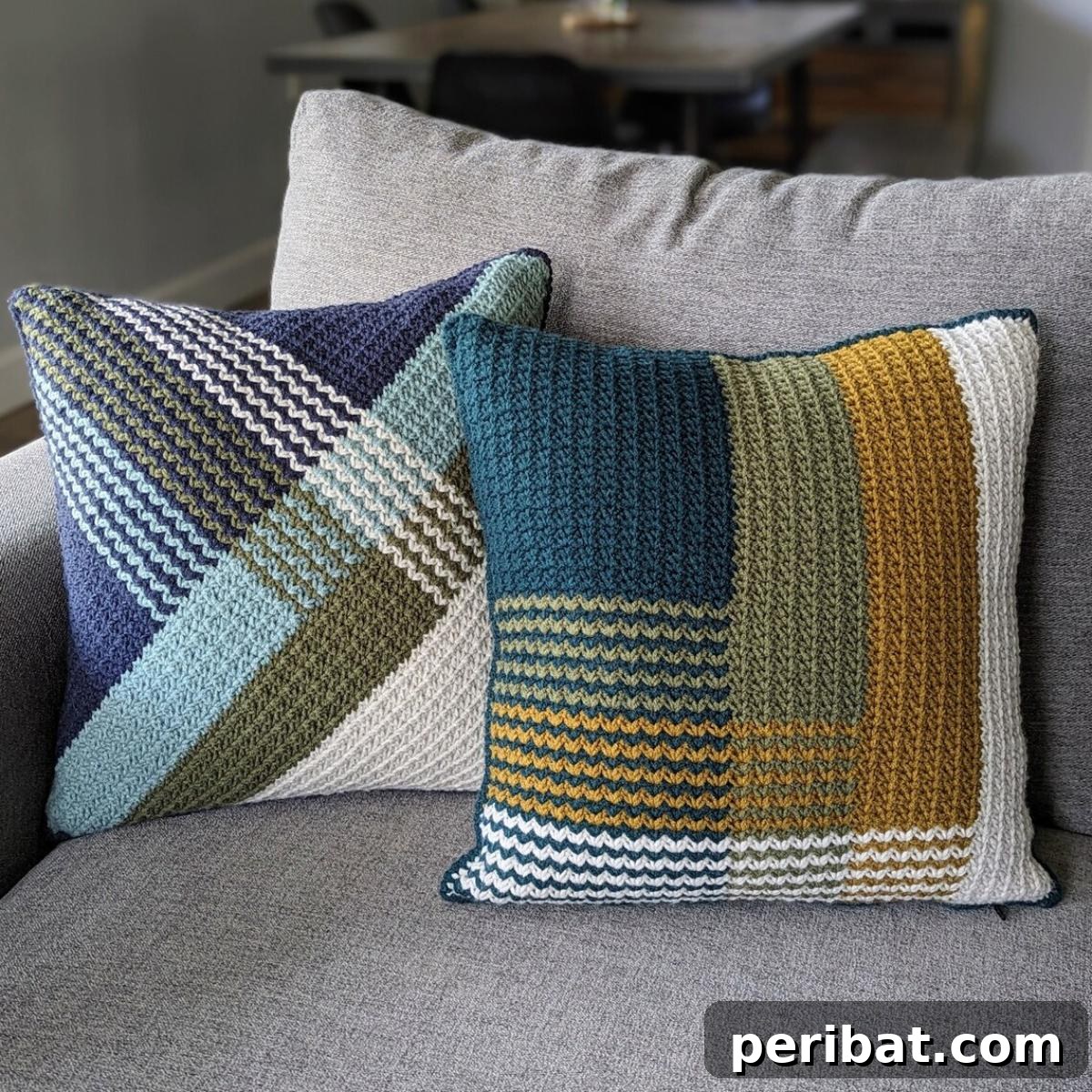 40 Creative Crochet Pillow Projects 42 A stylish pattern bundle featuring two coordinating crochet pillow designs, showcasing modern geometric patterns like latitude and longitude lines.