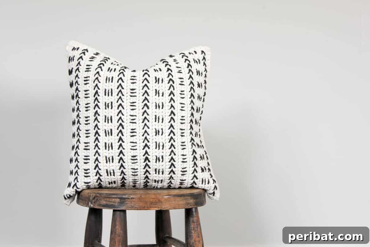 40 Creative Crochet Pillow Projects 9 A stylish mud cloth inspired crochet pillow, featuring geometric patterns in a minimalist color palette, ideal for modern bohemian decor.