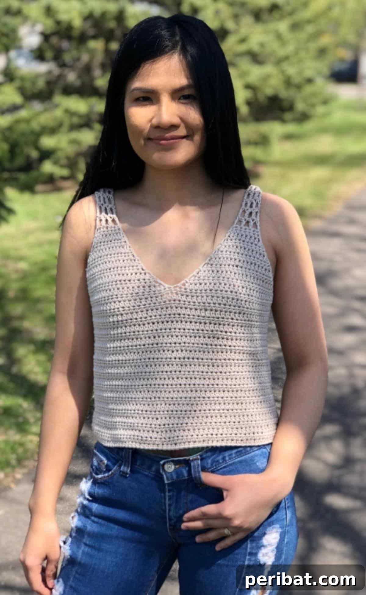 Beginner-friendly Summer Vibes Crochet Tank Top with adjustable tied shoulder straps and v-neckline.