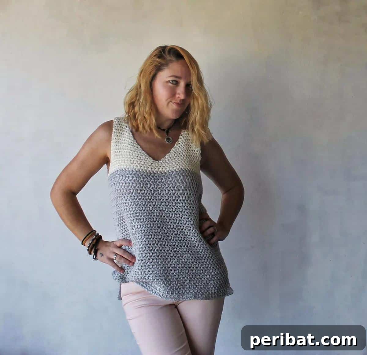 Elegant and easy-to-crochet Wren Tank with delicate ribbing.