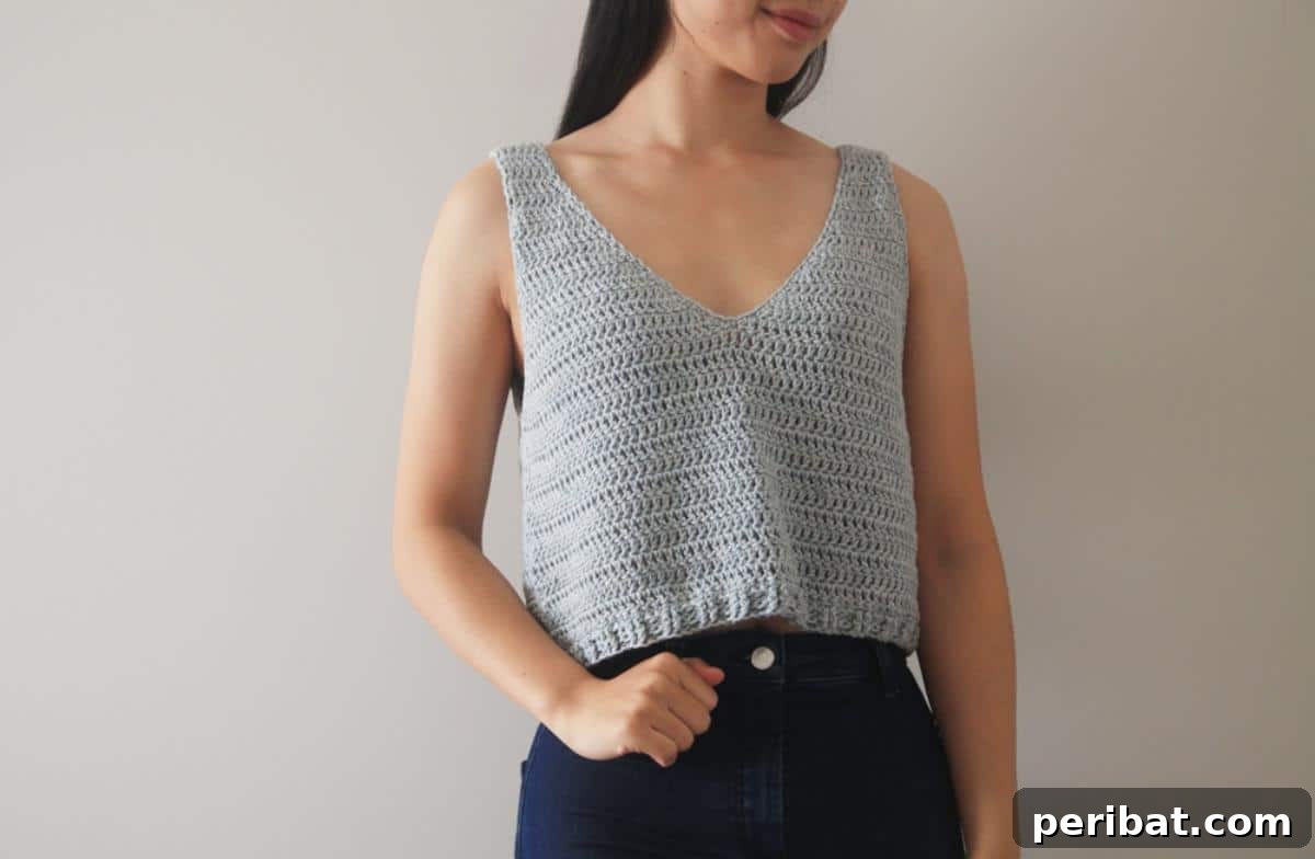 Breezy Easy V-Neck Crochet Tank Top for summer style, made with cotton yarn.