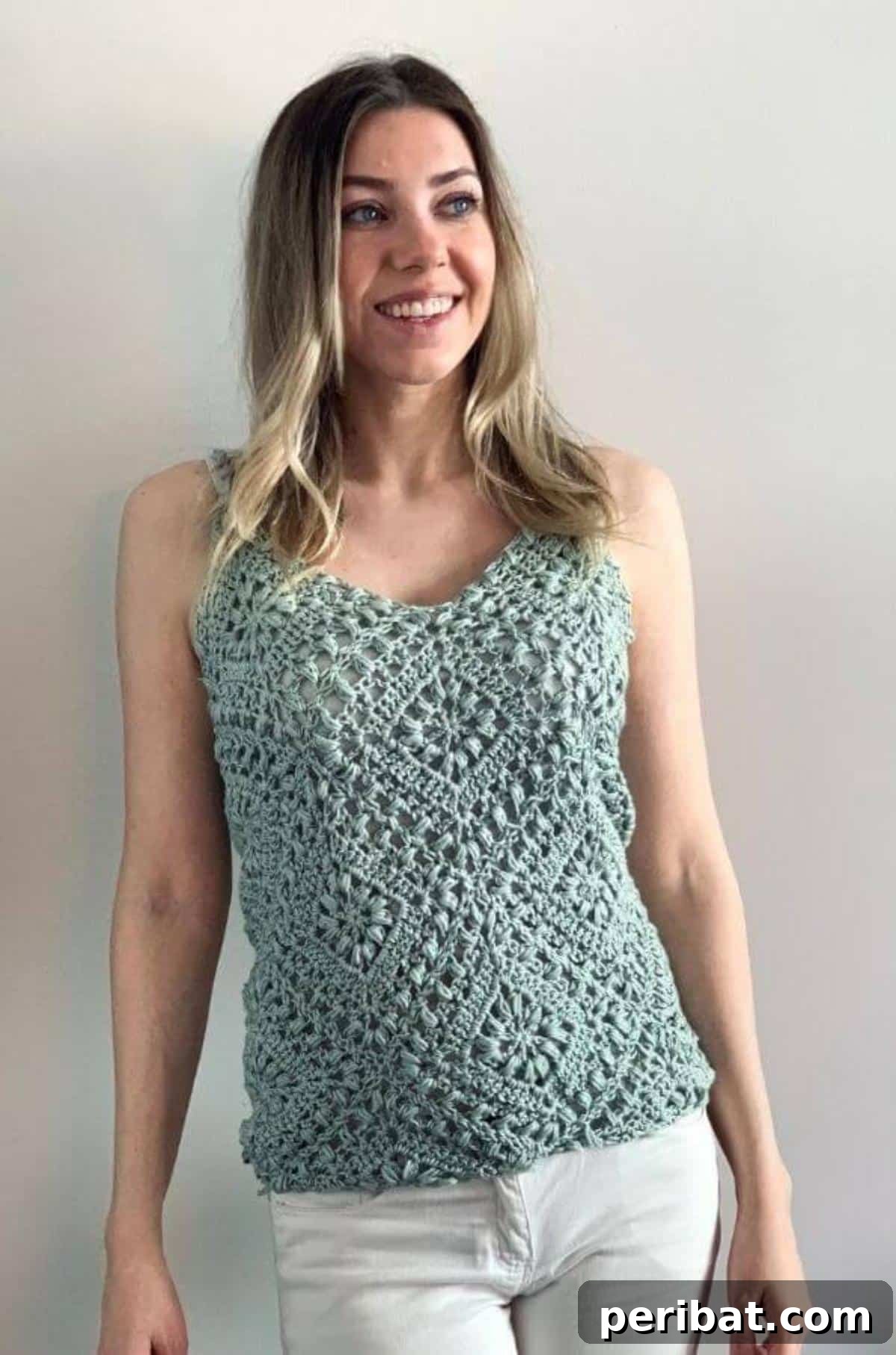 Lacy and chic Tulip Square Tank Top, cleverly arranged with granny squares.