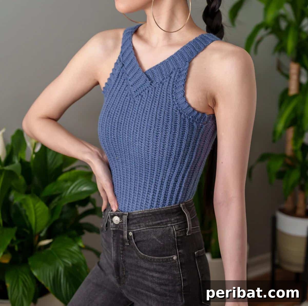 Chic Crochet V Neck Tank Top with customizable length and ribbed hem.