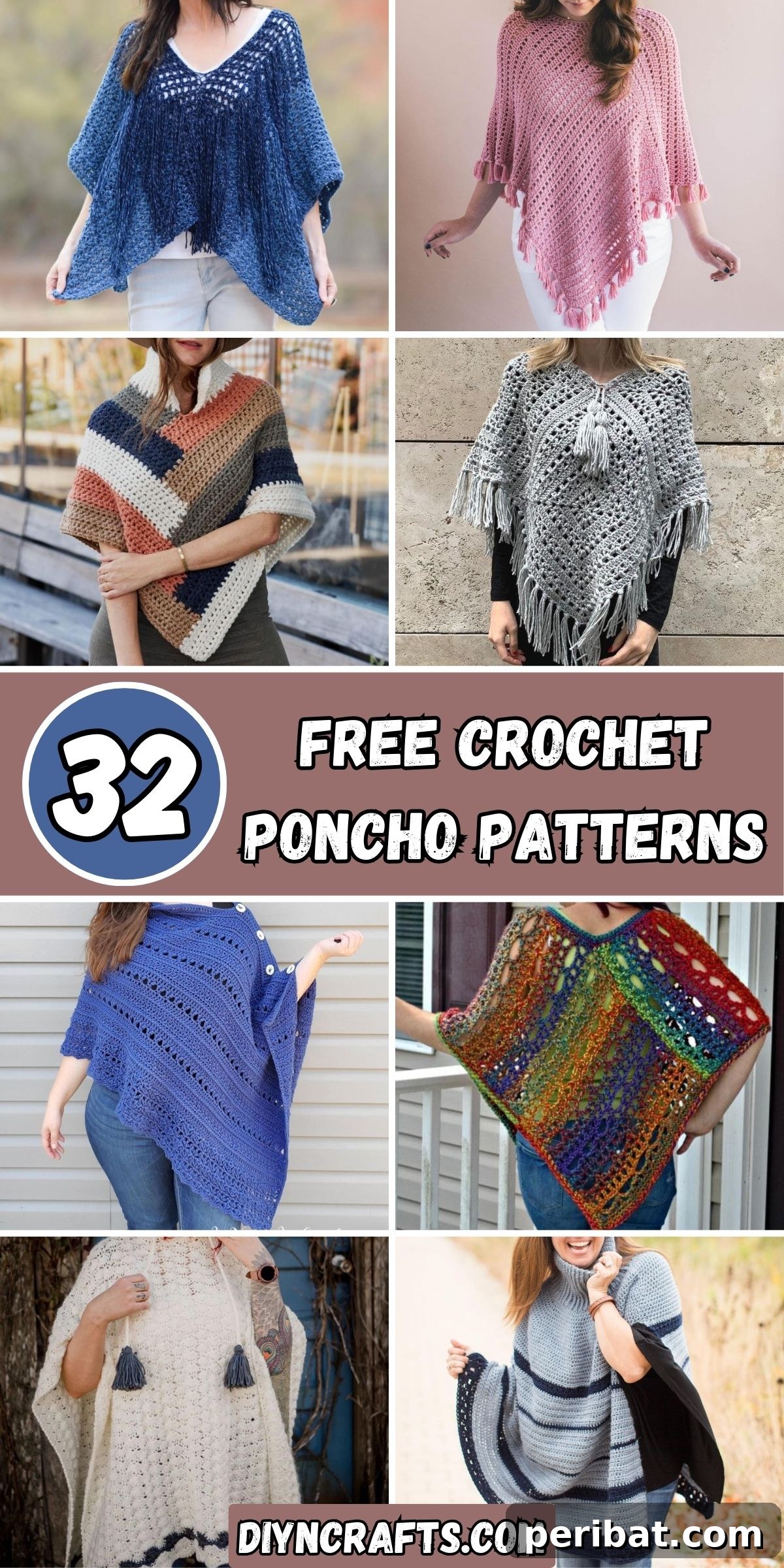 A vibrant collage showcasing 32 diverse and free crochet poncho patterns, inspiring crafters of all skill levels.