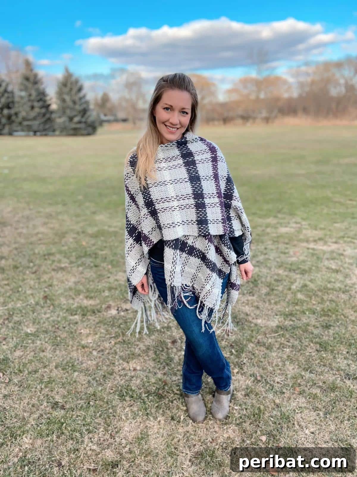 Spring Plaid Crochet Poncho, a stylish and sophisticated pattern perfect for the warmer spring months.