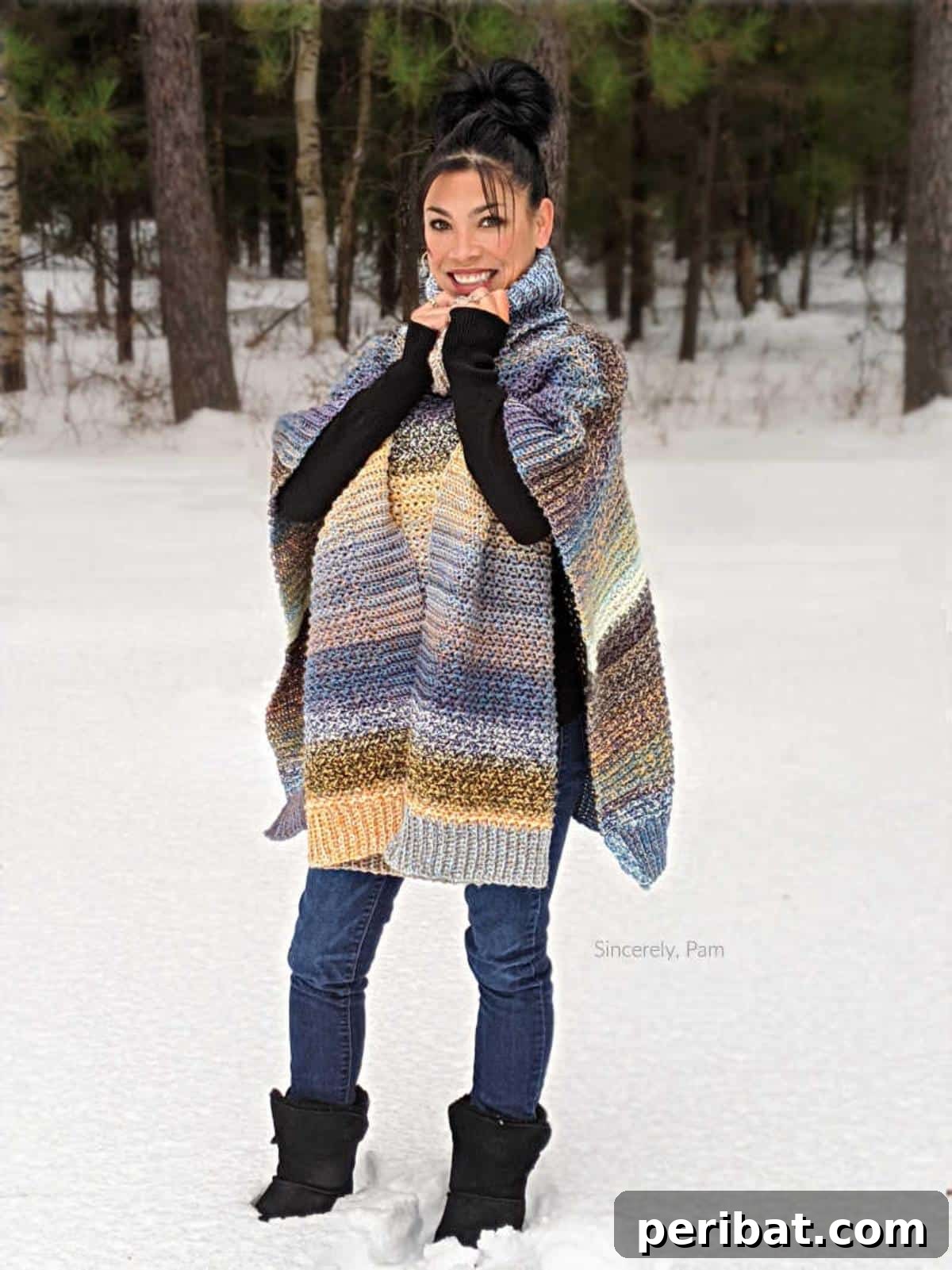 Lucky Penny Poncho for ladies, a warm and stylish crochet design featuring a visually striking pattern.