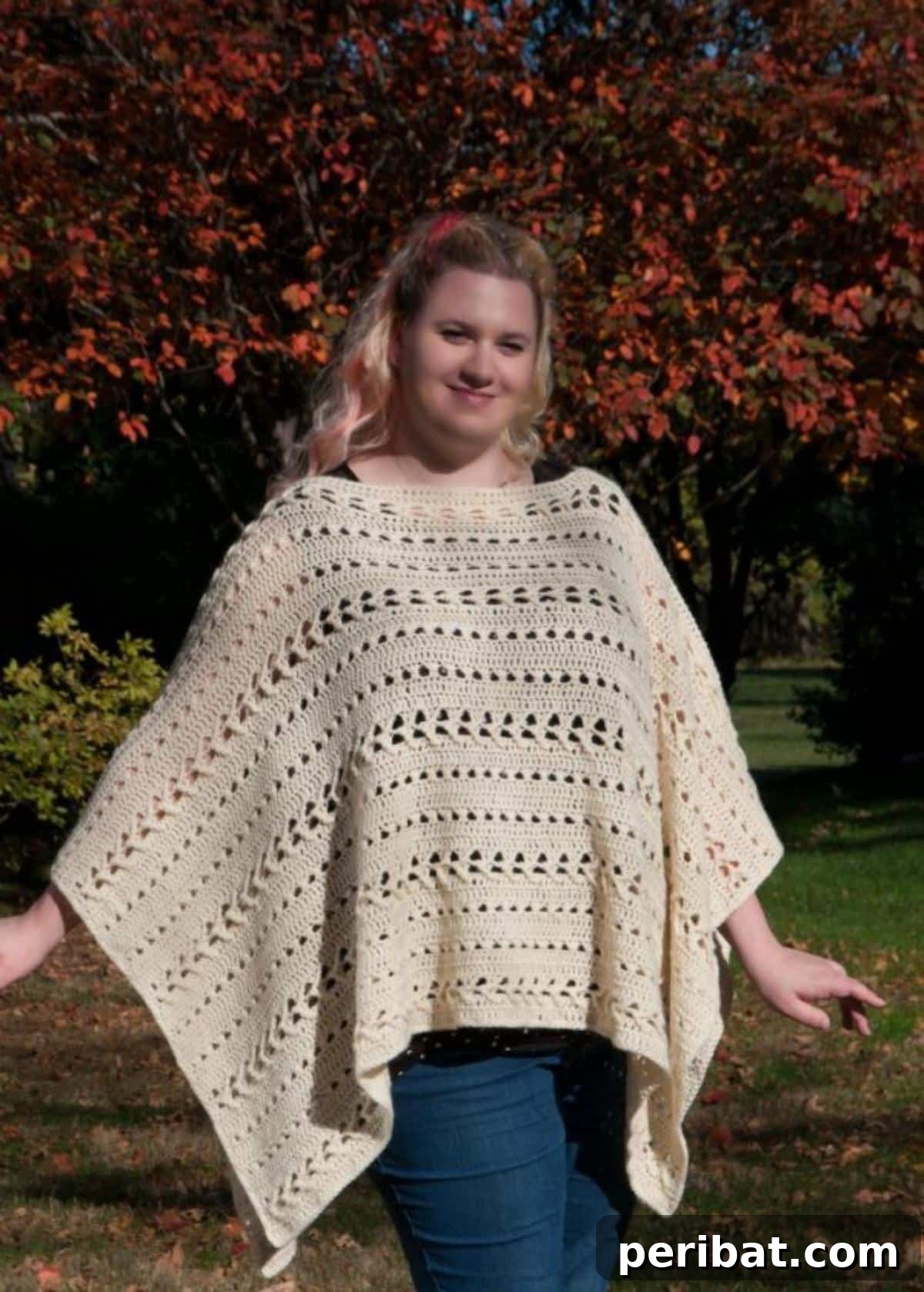 The Perfect Fall Poncho, a cozy crochet design with warm autumnal tones, ideal for chilly autumn days.